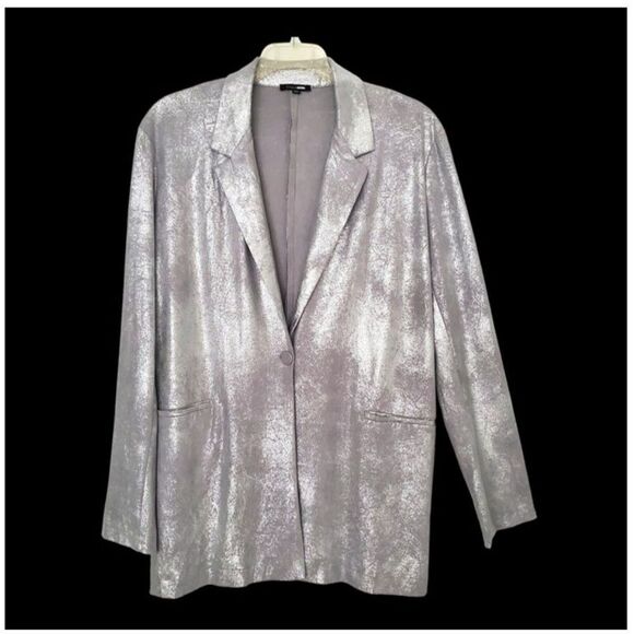 Festive Soft Metallic Silver Faux Suede Longline Blazer Sz XL Holiday Party Glam - Picture 2 of 9